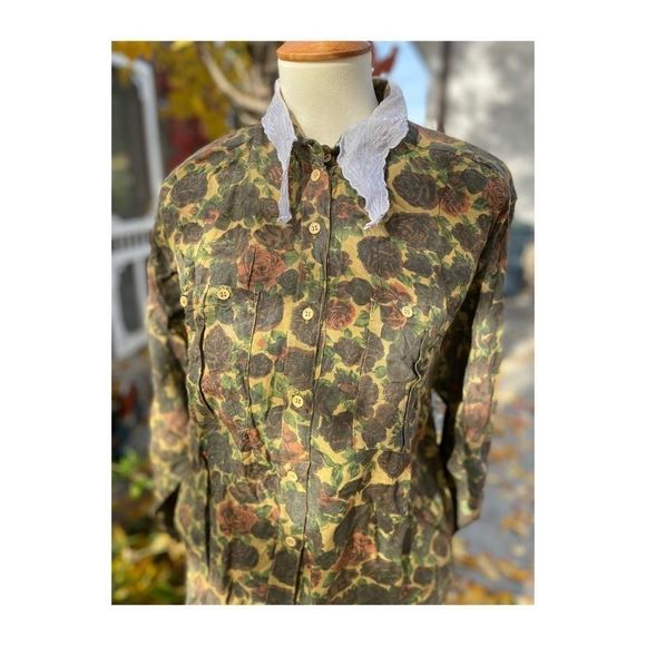 Dark Fall Floral Blouse Button Up 90s Lace Collar Sz M - Picture 6 of 11